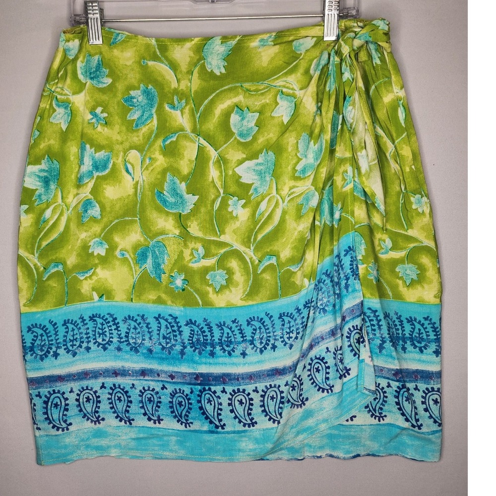Vintage Intriguing Threads Tropical Paisley‎ Wrap Skirt 12 Side Tie Green/Blue